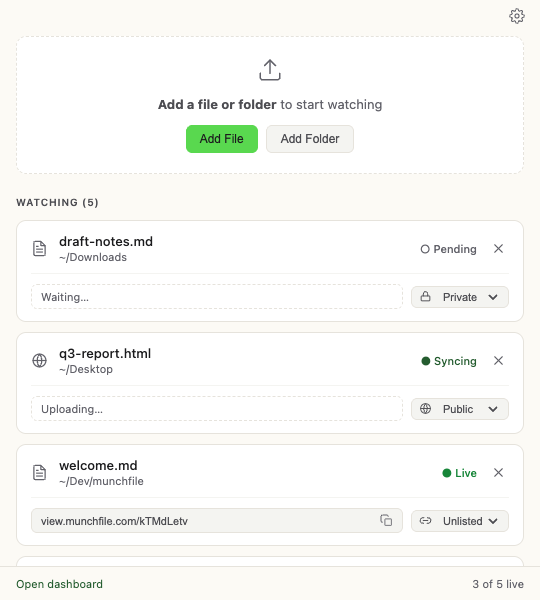 The MunchFile desktop app showing watched files with their live URLs
